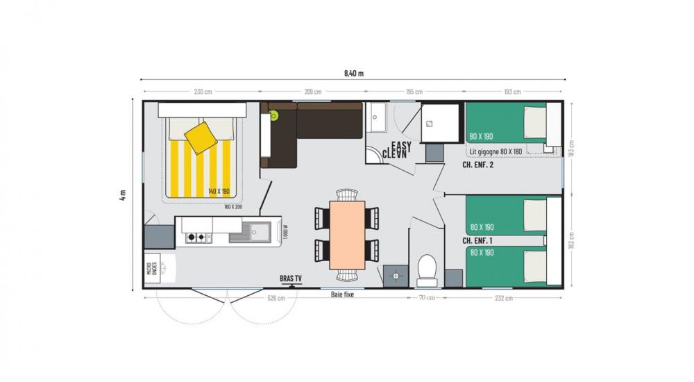 Découvrez le plan bien conçu de notre mobil home avec trois chambres,optimisant chaque espace 