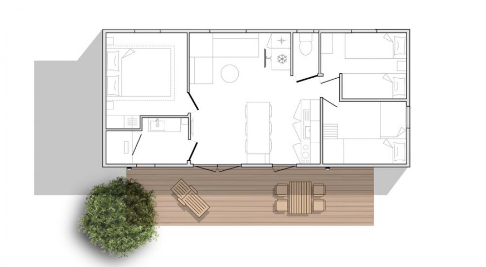 Consultez l'agencement détaillé de ce mobil home pour mieux visualiser ses espaces et son aménagement pratique.