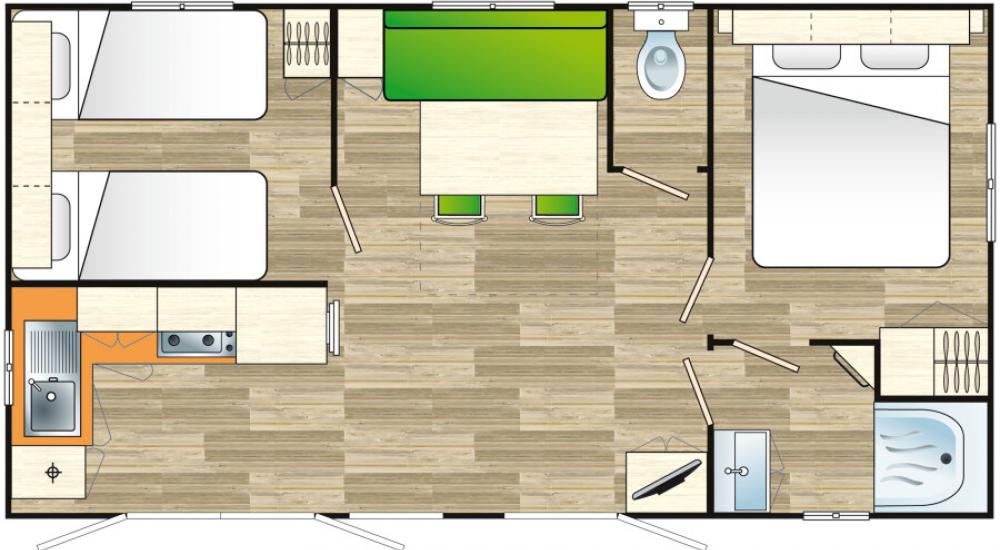 Plan avec une chambre double, une chambre Twin, coin salon, cuisine équipée et accès direct à la terrasse 